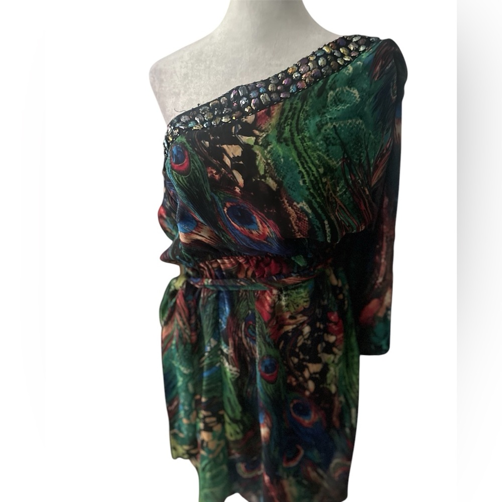 Y2K Bisou Bisou peacock one shoulder beaded mini dress in size 12